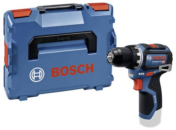 Eine blaue Bosch Akku-Bohrmaschine mit schwarzem Bohrfutter und roten Akzenten wird neben ihrer passenden blauen Transporttasche mit Bosch-Logo präsentiert.