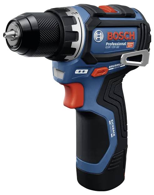 Ein blau und schwarz gefärbter Bosch Professioneller Akkubohrer mit Metallspannfutter und Gummigriff, beschriftet mit 'Brushless' und 'Heavy Duty'.