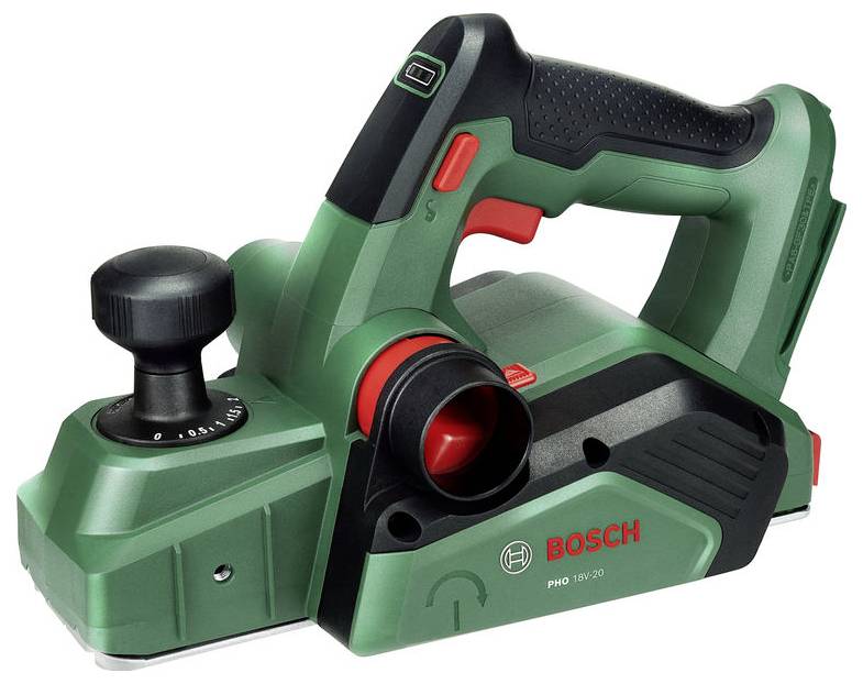 Ein grün-schwarzer Bosch Elektrohobel mit einem roten Einstellknopf und einem ergonomischen Griff, der zum Glätten von Holzoberflächen verwendet wird.