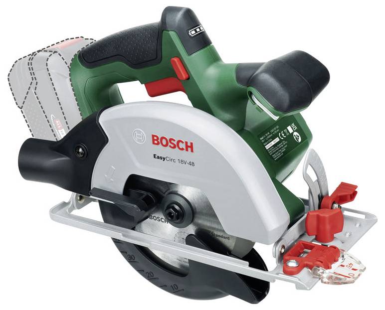 Eine Bosch EasyCirc 18V-48 Kreissäge mit grünem und silbernem Gehäuse, ausgestattet mit einem abnehmbaren Akku und einem Sicherheitsschutz, vor einem weißen Hintergrund.