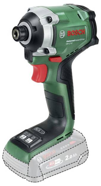 Ein schnurloser Bosch Schlagschrauber mit grün-schwarzem Design, ausgestattet mit einem roten Auslöser und einem abnehmbaren 2.0-Ah-Akku an der Basis.