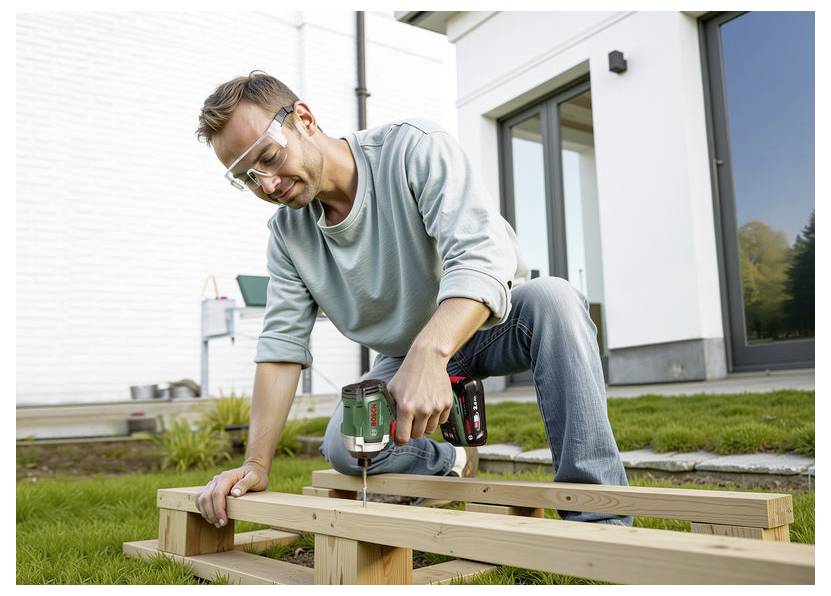Eine Person kniet in einem Hinterhof, trägt Schutzbrille und verwendet eine Bohrmaschine an Holzplanken, um eine Struktur außerhalb eines modernen Hauses zu bauen.