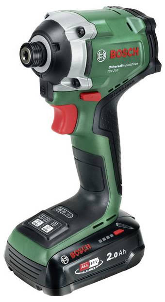 'Bosch UniversalImpact 18V-70' Akku-Schlagbohrschrauber mit grünem und schwarzem Gehäuse, rotem Auslöser und digitaler Anzeige am Akku. Geeignet für vielseitige DIY-Arbeiten.