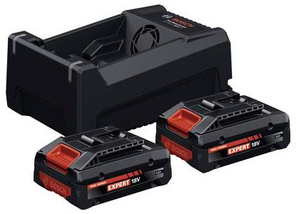 Bosch-Ladegerät mit zwei 18V-Expert-Akkus, das Kompatibilität und Design für Elektrowerkzeuge präsentiert.