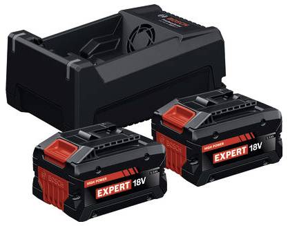 Zwei 'EXPERT 18V' Akkus und ein kompatibler Ladegerät, alle von Bosch gekennzeichnet, ausgelegt für hochleistungsfähige und effiziente Leistung.