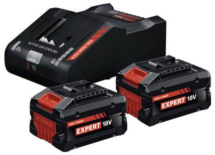 Ein Bosch-Ladegerät mit zwei ‚Expert 18V' Akkus, das eine aktive Kühlungsfunktion und Hochgeschwindigkeits-Ladetechnologie präsentiert.