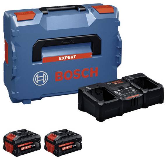 Bosch-Expertenwerkzeugkoffer mit Bosch-Logo, zwei 18V-Akkus von Bosch und einem Doppel-Akkuladegerät, alles in einem kompakten, übersichtlich organisierten Set.