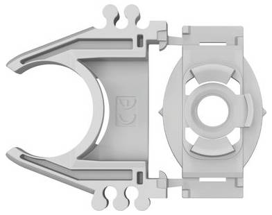 Graue Kunststoff-Rohrklemme mit einem kreisförmigen Halter und Scharnierungsmechanismus, verwendet zum Befestigen von Rohren an Oberflächen.