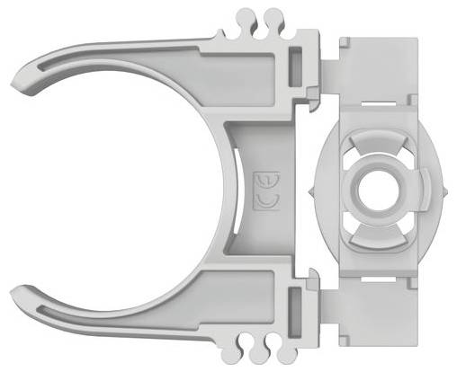 Eine graue Plastikklemme mit einer kreisförmigen Öffnung und einem Scharnierungsmechanismus auf der rechten Seite. Die Klemme scheint zum Halten von Kabeln oder Rohren verwendet zu werden.