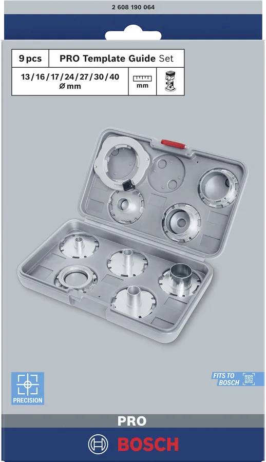 Bosch PRO Schablonen-Set, 9-teilig, Größen 13/16/17/24/27/30/40 mm mit Bild eines offenen Koffers, der Metallschablonen zeigt.