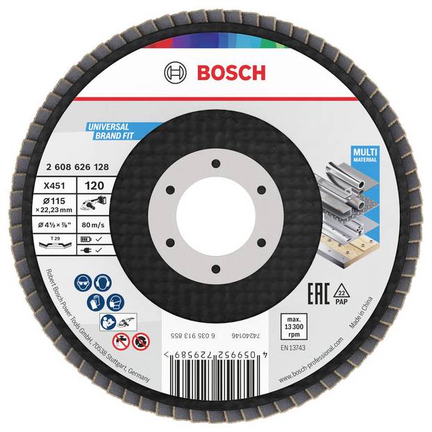 Bosch Lamellenschleifscheibe, 120 Körnung, geeignet für Metall und Holz, 115 mm Durchmesser, max. 80 m/s Geschwindigkeit, universell passend, enthält Sicherheitssymbole.