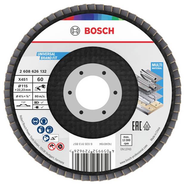 Bosch Lamellenschleifscheibe, X451, 115 mm Durchmesser, 60er Körnung, für Metallbearbeitung und Schleifen; enthält Sicherheitsinformationen und Rotationsgeschwindigkeit von 80 m/s.