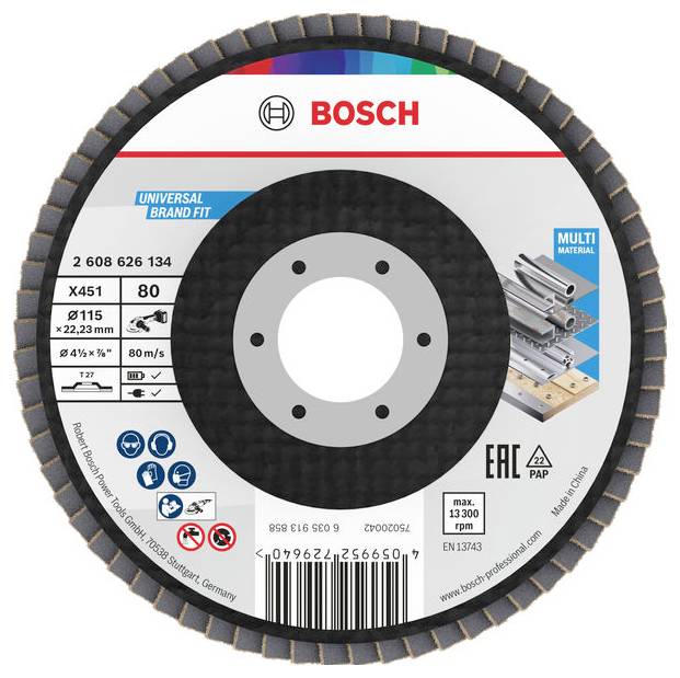 Ein Bosch Trennscheibe für verschiedene Materialien mit der Bezeichnung 'Universal Brand Fit', X451, 80, 115 mm Durchmesser, 22,23 mm Aufnahme, mit Sicherheits- und Gebrauchsinformationen.