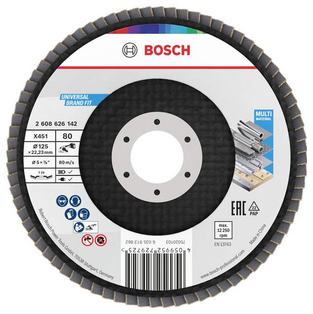 Eine Bosch Lamellenscheibe für Winkelschleifer, mit Details wie Durchmesser '125 mm', Korngröße '80', Drehzahl '12.250 U/min'.