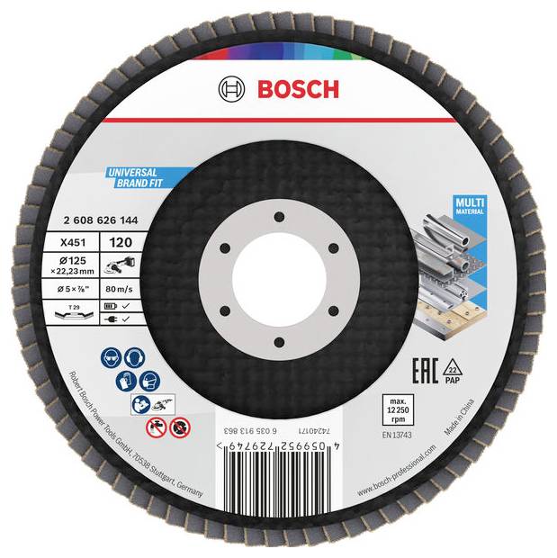 Bosch-Schleifscheibe für Metallbearbeitung. Spezifikationen: X451, 120 Körnung, 125 mm Durchmesser, geeignet für Mehrkomponenteneinsatz.