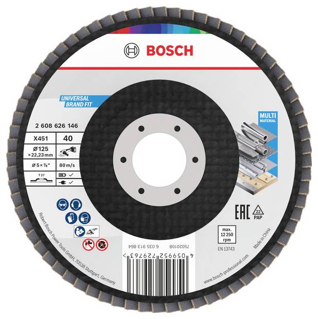 'Bosch X451' Lamellenschleifscheibe, 125 mm Durchmesser, 40er Körnung, für Metallbearbeitung. Zeigt Geschwindigkeit (80 m/s), max. Drehzahl (12.250) und Sicherheitssymbole.
