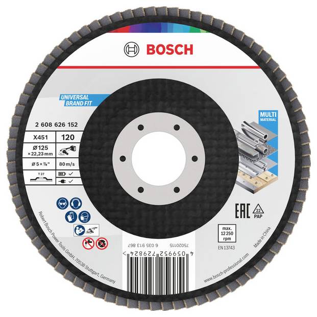 Eine kreisförmige Bosch Trennscheibe für Mehrfachanwendungen, gekennzeichnet mit Spezifikationen zu Größe, Geschwindigkeit und kompatiblen Werkzeugen.
