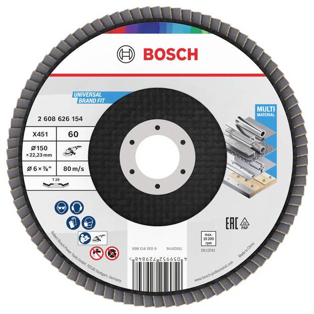 Bosch Universal-Trennscheibe für Multimaterialien, 150 mm Durchmesser, 60er Körnung, max. Geschwindigkeit 80 m/s. Merkmale umfassen Sicherheitssymbole und Produktcode 2 608 626 154.