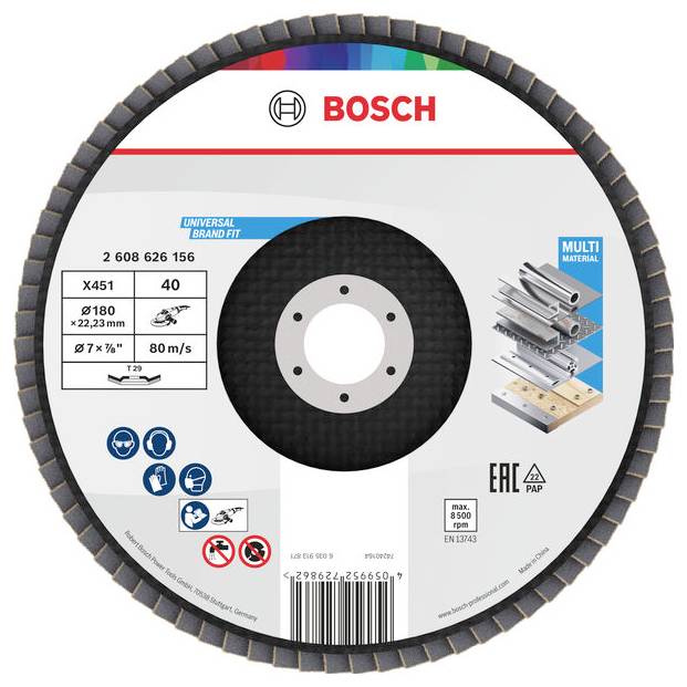 Bosch Trennscheibe, Modell X451, Durchmesser 180 mm, Dicke 22,23 mm. Entwickelt für die Bearbeitung verschiedener Materialien mit einer Geschwindigkeitsbegrenzung von 80 m/s.