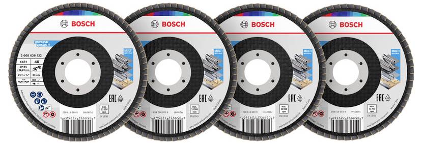 Vier Bosch-Trennscheiben aus Metall, nebeneinander angeordnet, wobei jede Scheibe Beschriftungen für Geschwindigkeit, Materialeignung und Sicherheitssymbole zeigt.