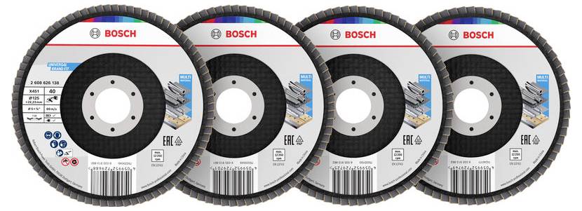 Vier Bosch-Trennscheiben in einer Reihe, gekennzeichnet für Stein- und Metallschnitt, mit Symbolen für Kompatibilität, Drehzahl und Größenspezifikationen.