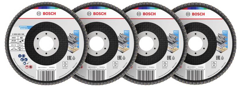 Vier Bosch-Metalltrennscheiben in einer Reihe angeordnet, mit detaillierten Beschriftungen und Spezifikationen, geeignet für schwere Einsätze.
