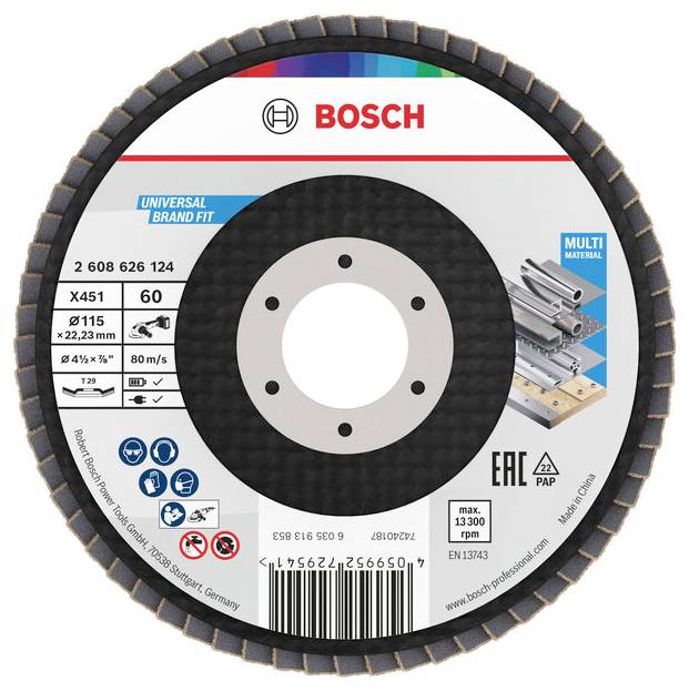 Schleiflamellenscheibe für Winkelschleifer; Bosch-Marke, 60er Körnung, für vielseitigen Materialgebrauch, Durchmesser 115 mm; Modell X451; Verpackung zeigt Verwendungssymbole.