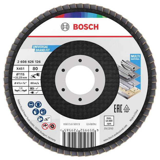 'Bosch' Universal-Trennscheibe, Modell X451, für Multimaterial. Durchmesser 115 mm, 80 m/s, max. 13.300 U/min. CE- und EAC-zertifiziert.