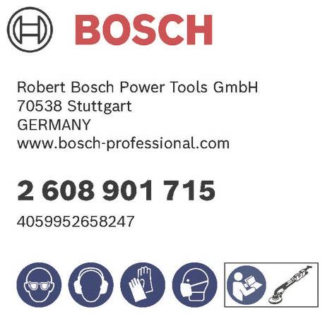 Bosch-Logo mit Kontaktdaten für Robert Bosch Power Tools GmbH, Deutschland. Enthält eine Seriennummer und Sicherheitssymbole für das Tragen von Schutzausrüstung.