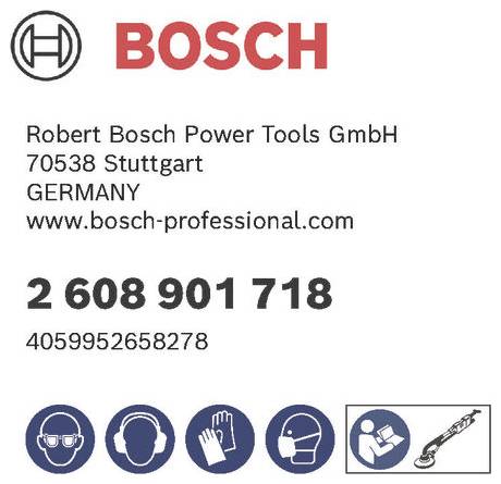 'Bosch' Logo und Kontaktdaten. 'Robert Bosch Power Tools GmbH, 70538 Stuttgart, Deutschland. www.bosch-professional.com'. Sicherheitssymbole dargestellt.