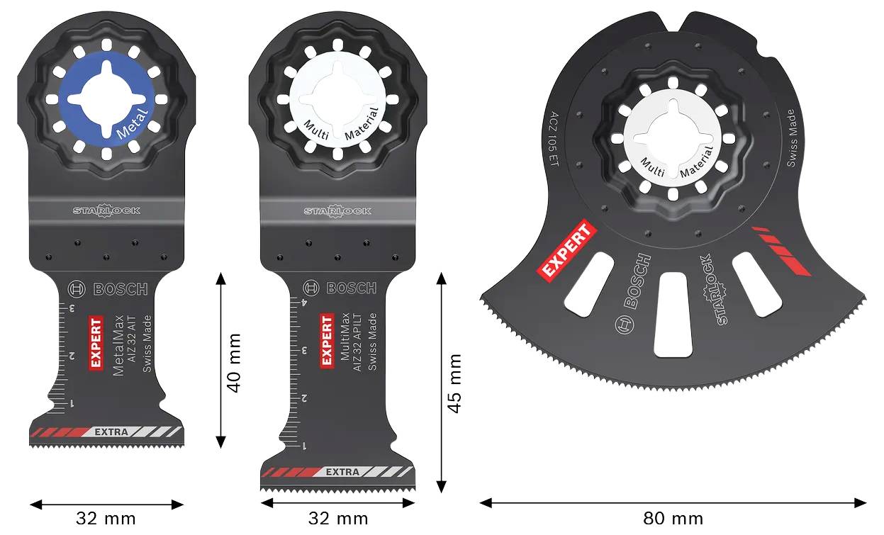 Drei Bosch-Oszillationswerkzeug-Klingen mit angegebenen Abmessungen: zwei 40-mm- und 45-mm-Geraden-Klingen sowie eine 80-mm-Halbkreis-Klinge mit der Bezeichnung EXPERT/EXTRA.