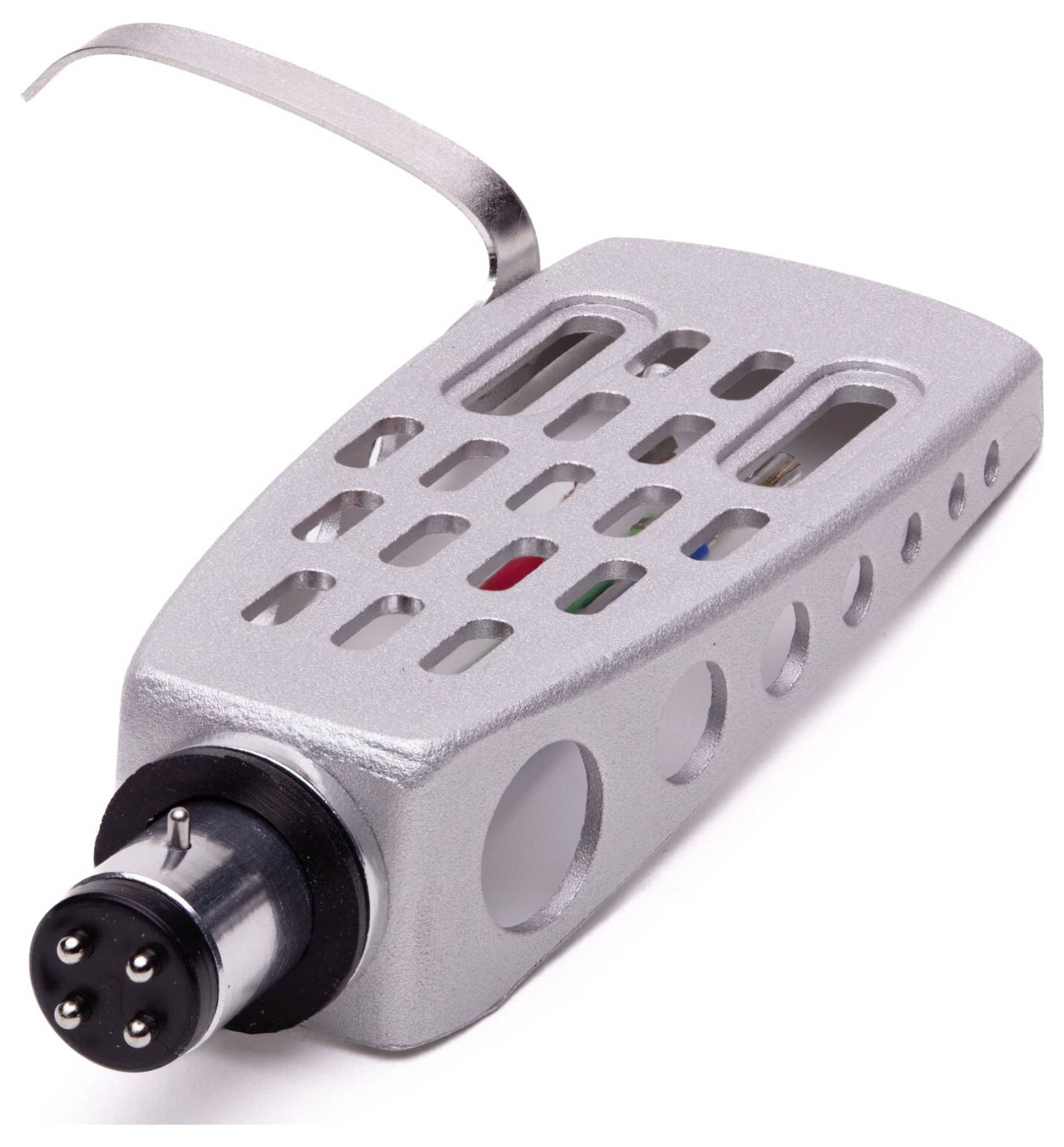 Eine silberne Plattenspieler-Kopfschale mit sichtbarem SME-Stil-Stecker, Gehäuseschlitzen und Montageschraubenlöchern zum Anbringen eines Tonabnehmers.