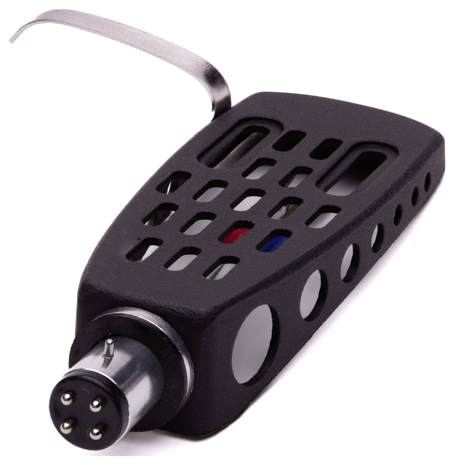 Eine schwarze Phono-Plattenspieler-Kopfschale mit einem Metallgriff und einem Vier-Pin-Anschluss, die zum Halten und Verbinden einer Tonabnehmereinheit entwickelt wurde.