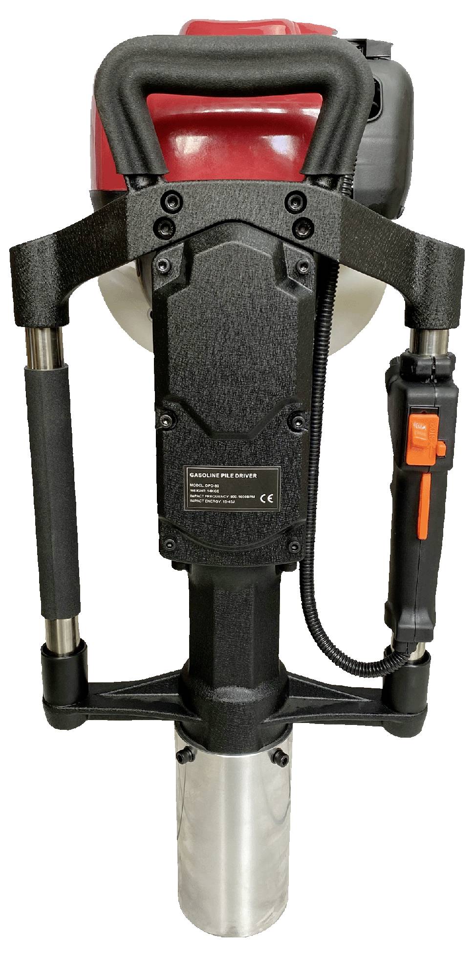 Ein manueller Pfahltreiber mit einem roten Griff und schwarzem Handgriff, der zum Einrammen von Pfählen in den Boden konstruiert ist, steht aufrecht.