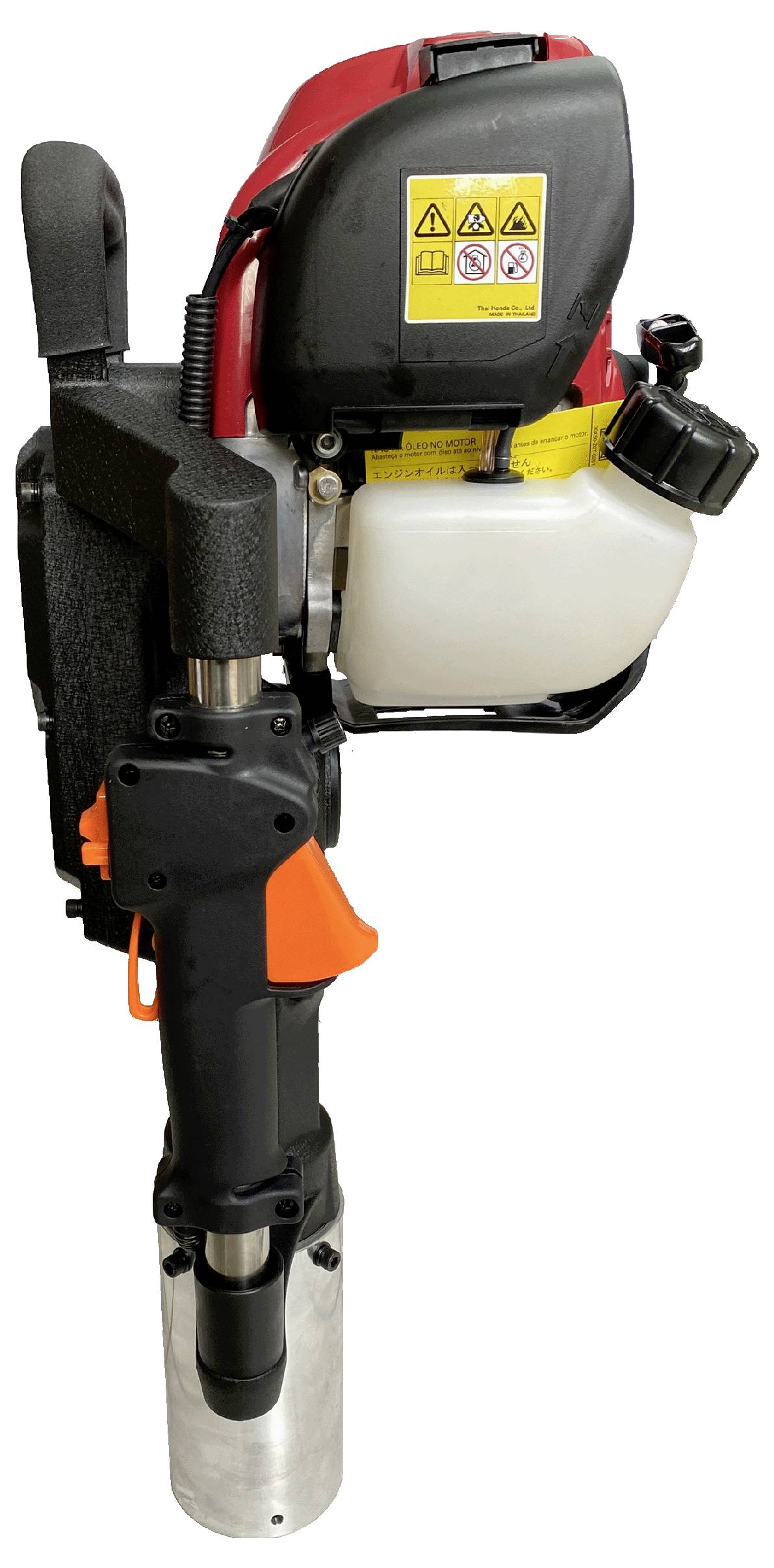 Eine tragbare Bodenbohrmachine mit einem rot-schwarzen Gehäuse, großem Griff und sichtbarem Kraftstofftank. Sie ist zum Bohren in Erdreich konzipiert.