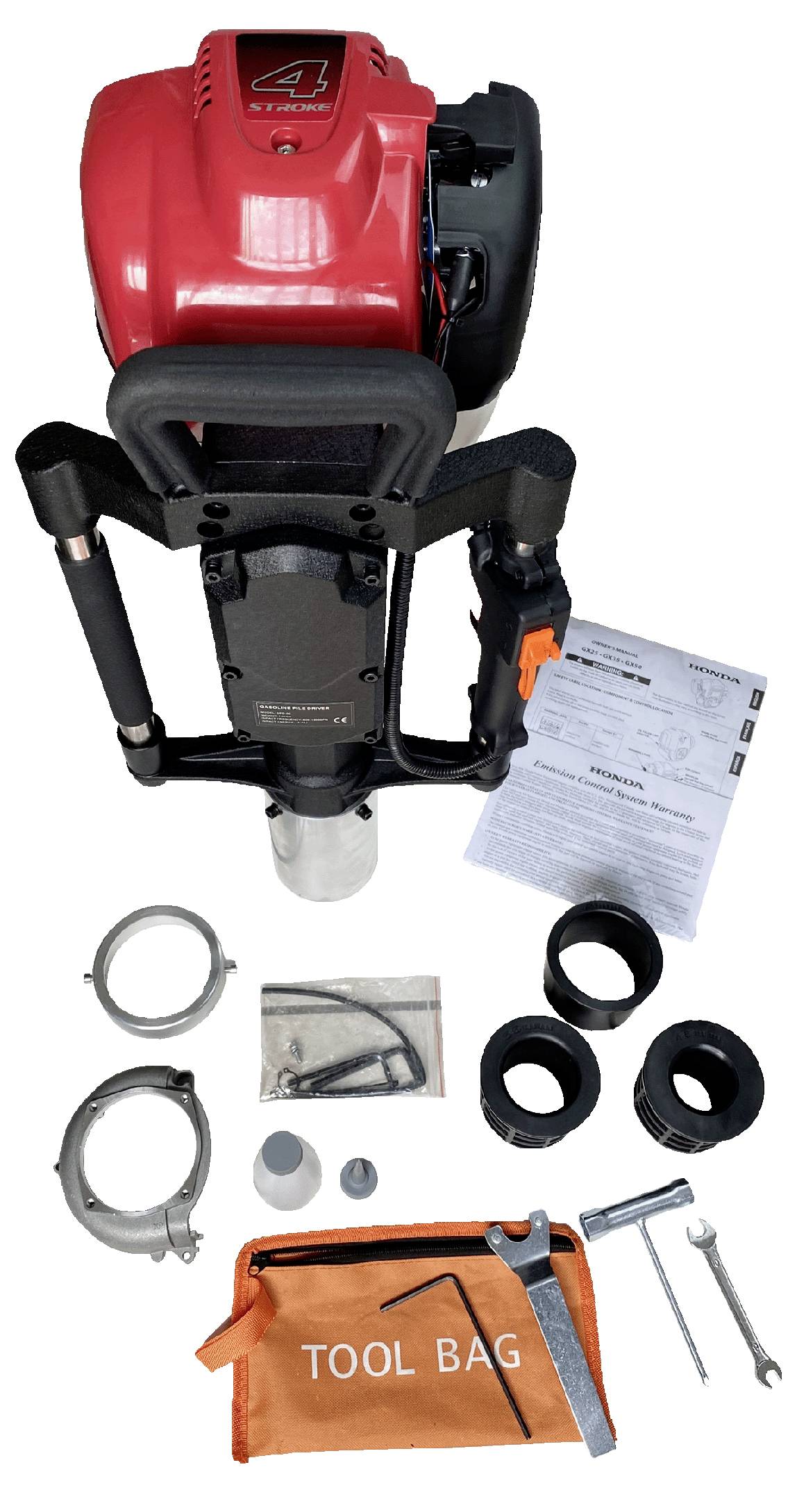 Ein rotes und schwarzes Elektrowerkzeug mit einem Lorbeerkranz-Logo ist von Bedienungsanleitungen, verschiedenen Zubehörteilen und einer orangefarbenen Werkzeugtasche mit der Aufschrift 