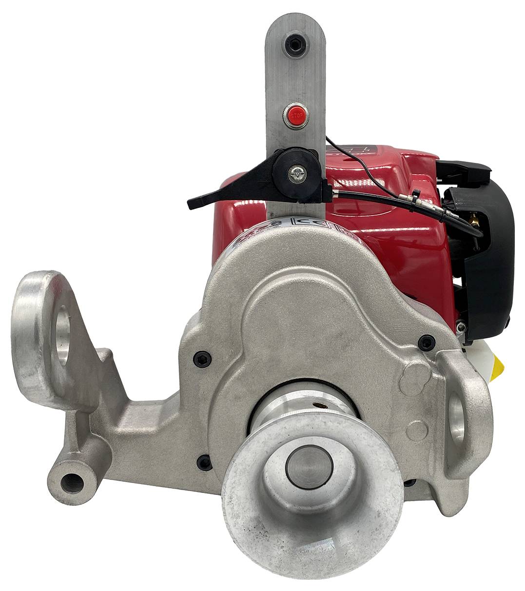 Ein mechanisches Gerät mit einem silbernen Metallgehäuse und einem roten Motor. Es wird für industrielle Anwendungen verwendet und zeigt Zahnräder und Bedienungshebel.
