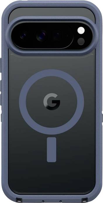 Rückseite eines Google Pixel-Telefons in einem blauen Gehäuse, das die Kameraleiste, das Blitzlicht und das zentrale Google-Logo mit Pixel-Ring-Design zeigt.