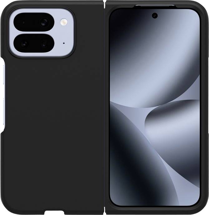 Schwarzes Smartphone in einer Schutzhülle, von vorn und hinten gezeigt, mit dualen Rückkameras und einem grauen abstrakten Hintergrundbild auf dem Display.