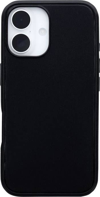 Schwarze Smartphone-Hülle mit doppeltem Kamera-Ausschnitt auf weißem Hintergrund.