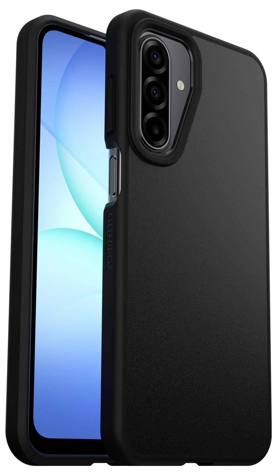 Schwarze Smartphone-Hülle von vorne und hinten gezeigt, mit erhöhtem Kamerasschutz und dünnem Profil auf einem Telefon mit blauem Bildschirm.