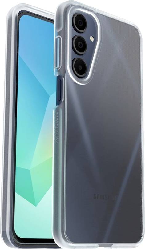 Zwei Ansichten eines Smartphones in einer transparenten Schutzhülle, die das vordere Display und die dreifache hintere Kameraeinrichtung zeigen.