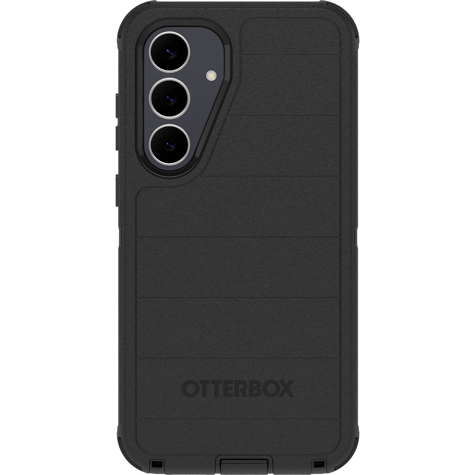 Schwarze OtterBox-Handyhülle von hinten gezeigt, mit dreifachen hinteren Kameraausschnitten und einem strukturierten Schutzdesign.
