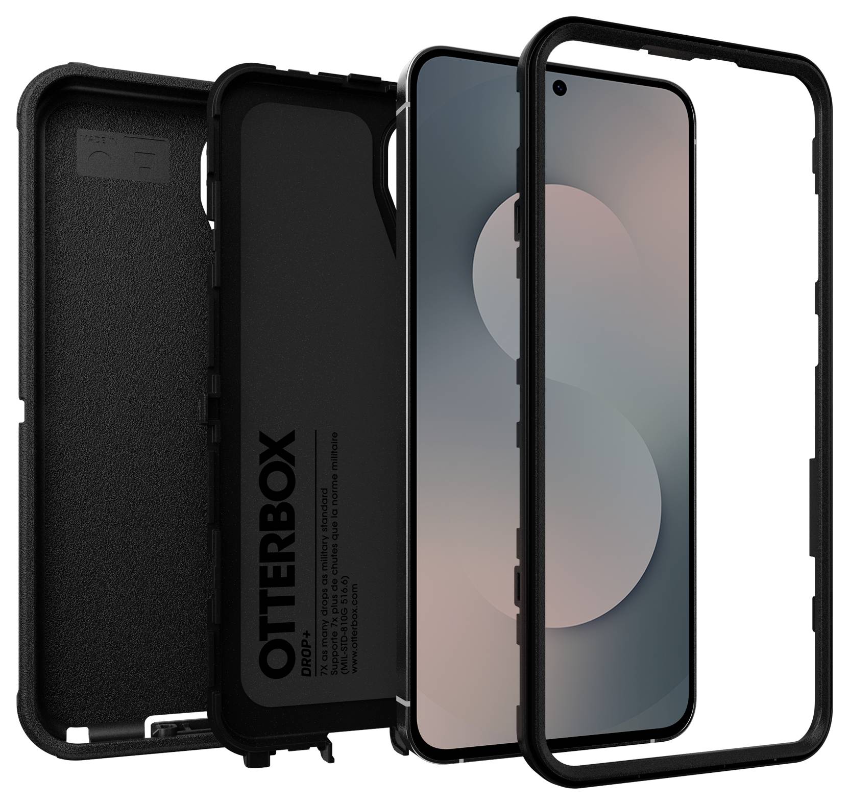 Explodierte Ansicht einer OtterBox-Handyhülle, die die Innenschale, den Schutzrahmen sowie die vorderen und hinteren Komponenten zeigt, die um einen Smartphone-Bildschirm zusammengebaut sind.