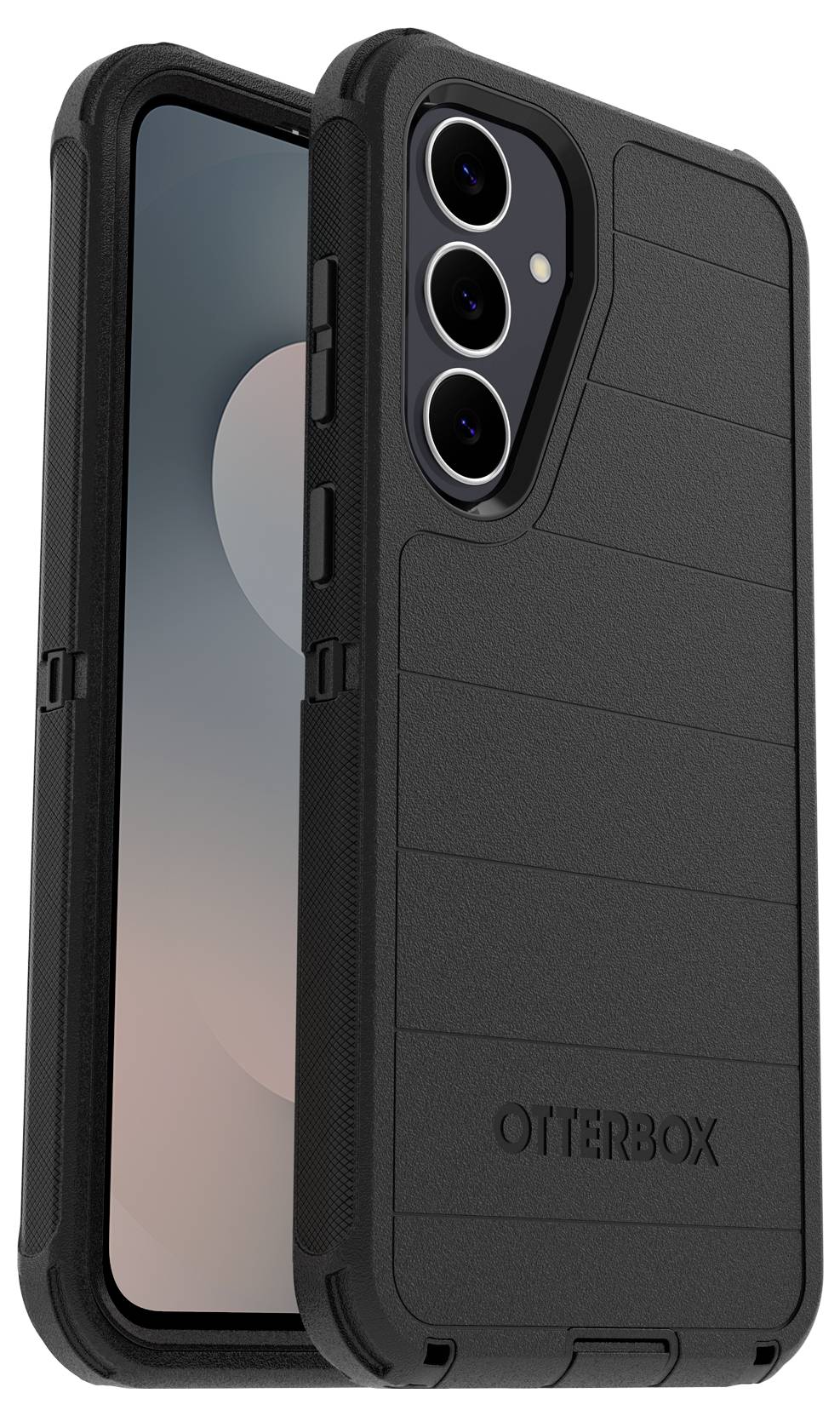 Black OtterBox robustes Handyhülle, shown on a smartphone, front and back views with triple rear camera cutout.