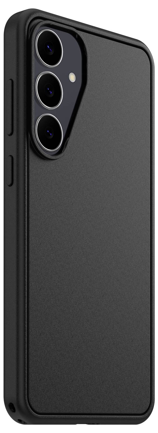 Schwarze Smartphone-Schutzhülle von hinten dargestellt, mit drei hinteren Kamera-Ausschnitten und einer strukturierten matten Oberfläche.