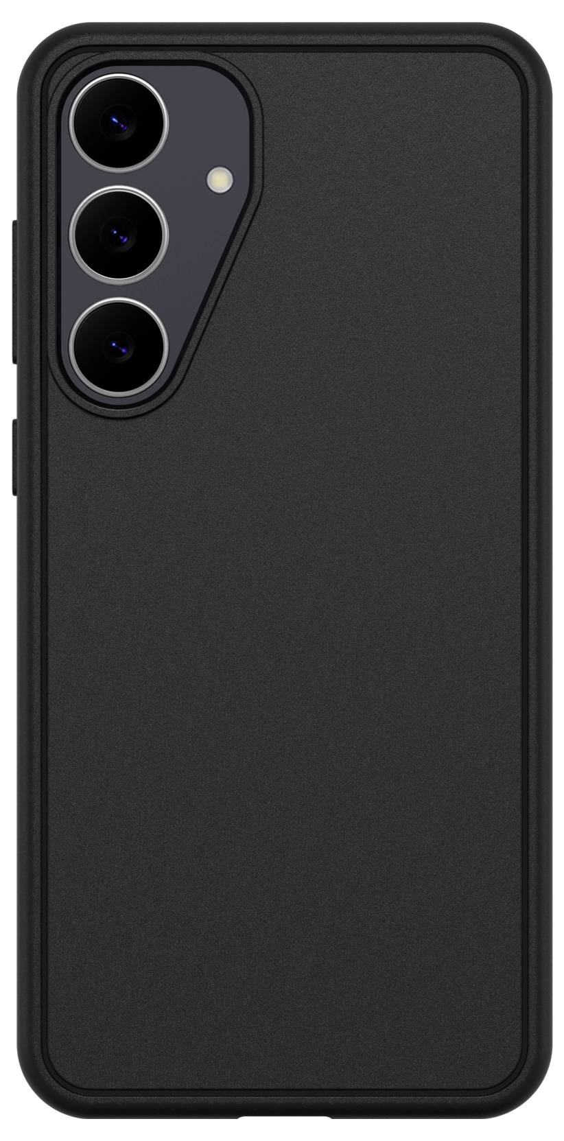 Schwarze Smartphone-Hülle, von hinten gezeigt, mit erhöhener Dreifach-Kamera-Aussparung und Blitzöffnung in der oberen linken Ecke.