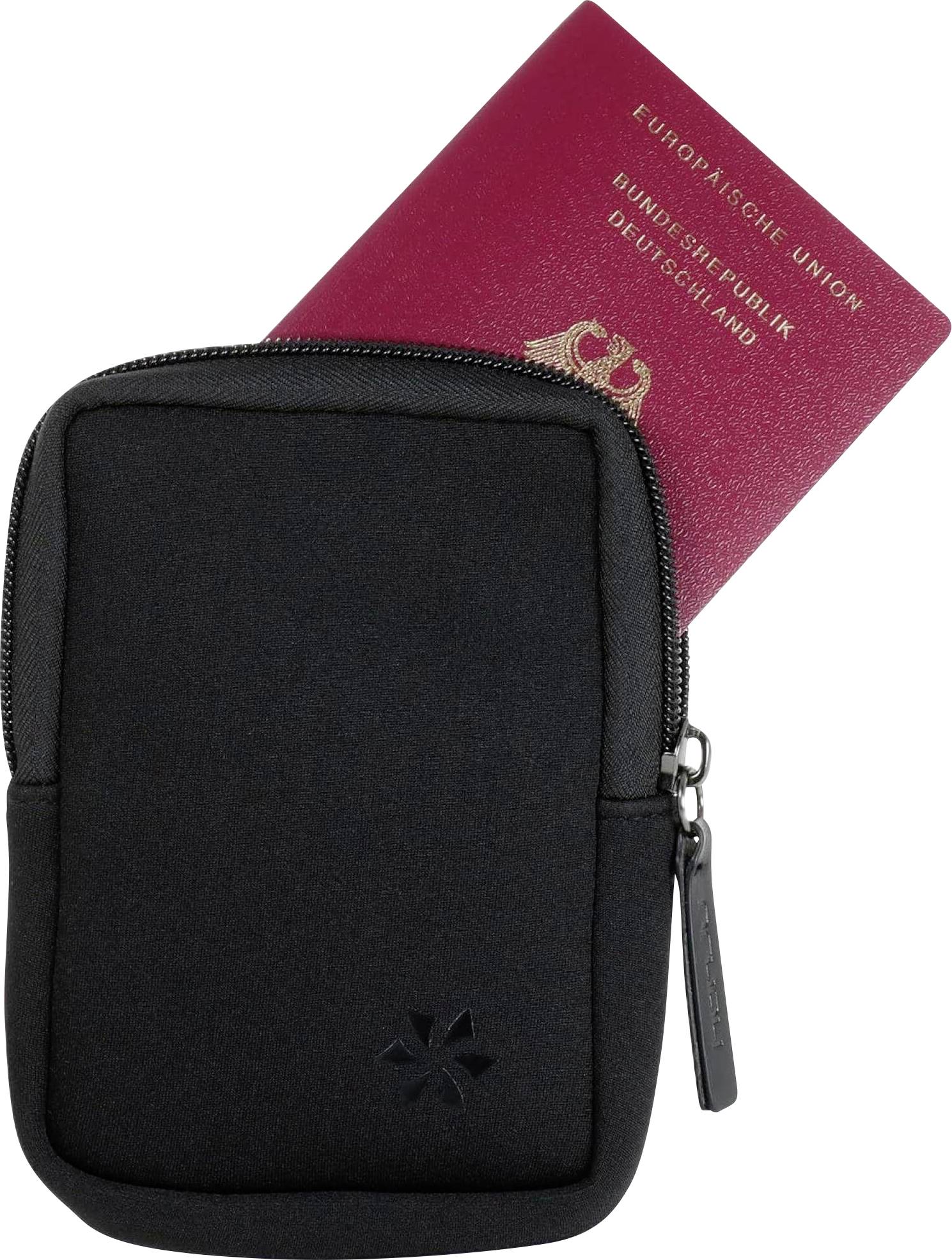 Eine schwarze Reisemappe mit Reißverschluss, die einen roten Pass mit der Aufschrift „EUROPÄISCHE UNION BUNDESREPUBLIK DEUTSCHLAND