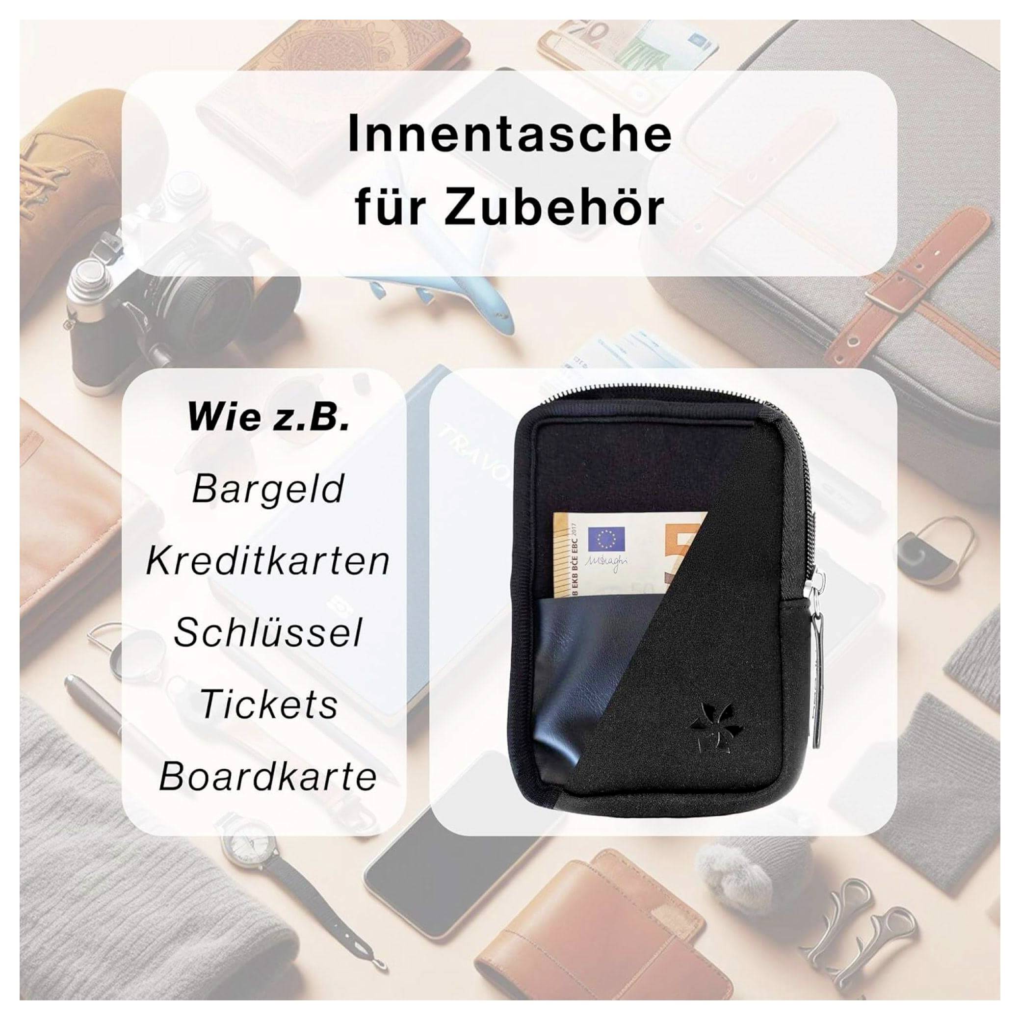 Eine kompakte Tasche liegt auf einem Tisch und enthält Bargeld und Karten. Der deutsche Text hebt die Verwendung für Geld, Kreditkarten, Schlüssel, Tickets und Boardingpässe hervor.