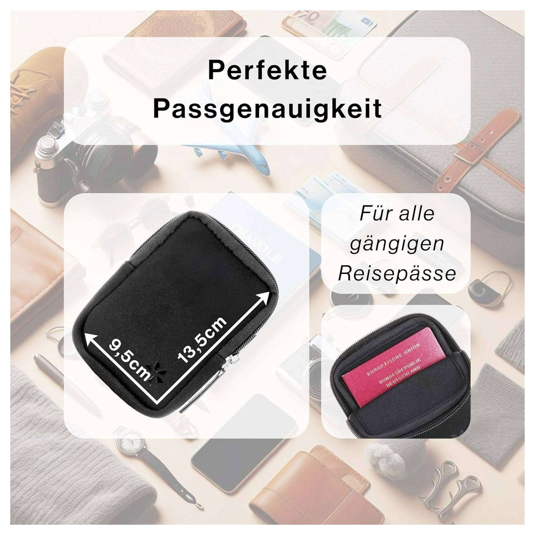 Das Bild zeigt eine schwarze Passhülle mit dem Text 'Perfekte Passgenauigkeit' und 'Für alle gängigen Reisepässe', umgeben von Reiseutensilien.